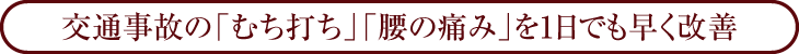 交通事故の「むち打ち」「腰の痛み」を一日でも早く改善させ、「後遺症に悩むことのない快適な生活」に戻すことを目指した施術をしています。